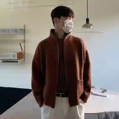 我是大卫 复古拉链口袋开衫保暖基础宽松慵懒风针织衫 男女同款