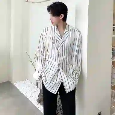 我是大卫 条纹宽松双排扣长袖衬衫 男款