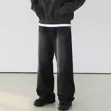 我是大卫 美式高街小众设计水洗做旧直筒宽松休闲阔腿拉链牛仔裤 男女同款 黑色