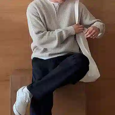 我是大卫 港风复古简约百搭圆领半拉链宽松针织衫 男女同款