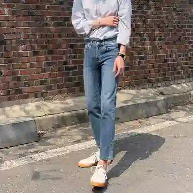 我是大卫 纯色拉链时尚九分水洗复古高级感牛仔裤 男女同款 蓝色