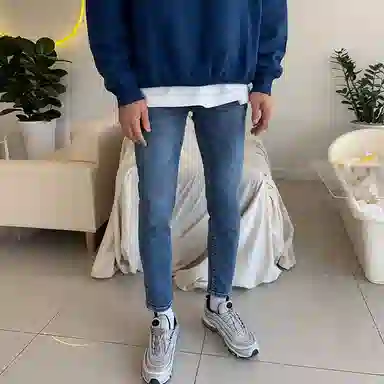 我是大卫 美式复古水洗弹力休闲百搭小脚九分牛仔裤 男女同款 蓝色