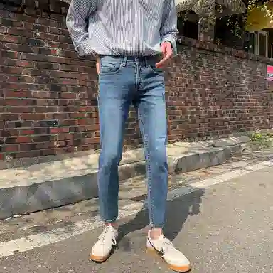 我是大卫 纯色拉链时尚九分水洗复古高级感牛仔裤 男女同款 蓝色