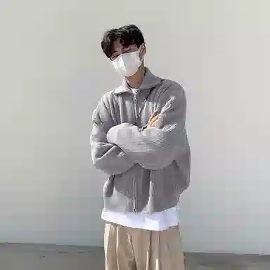 我是大卫 翻领拉链纯色基础款休闲长袖针织衫 男女同款