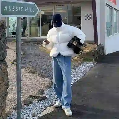 我是大卫 短款立领纯色保暖加厚面包棉服 男女同款 白色