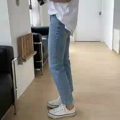 我是大卫 水洗修身直筒九分牛仔裤 男女同款 浅蓝色