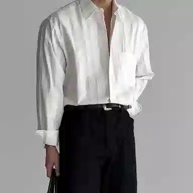 我是大卫 条纹长袖单口袋高级感美式个性百搭宽松休闲衬衣衬衫 男女同款 奶白色