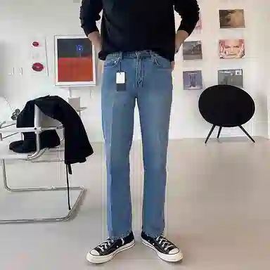 我是大卫 纯色做旧中腰拉链宽松休闲直筒牛仔裤 男女同款 蓝色