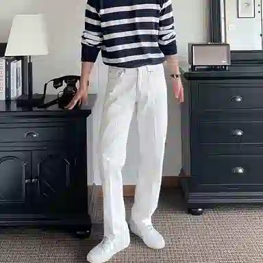 我是大卫 高街时尚纯色百搭宽松直筒简约牛仔裤 男女同款 白色