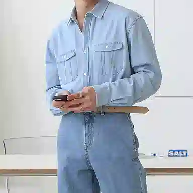 我是大卫 韩系休闲时尚高级感痞帅宽松牛仔长袖衬衫 男女同款