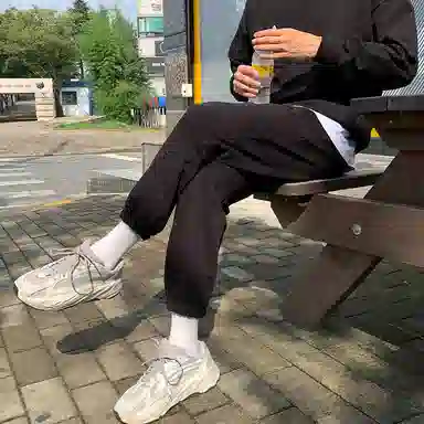 我是大卫 纯色宽松百搭束脚系带中腰休闲裤 男女同款