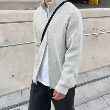 我是大卫 纯色立领双开拉链休闲针织衫 男女同款 浅灰色