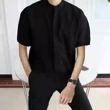 我是大卫 纯色立领复古宽松休闲短袖衬衫 男女同款