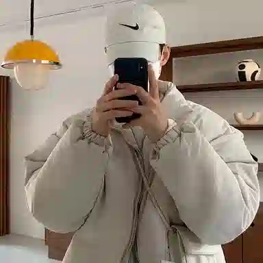 我是大卫 日系简约纯色宽松休闲立领棉服外套 男女同款 米白色