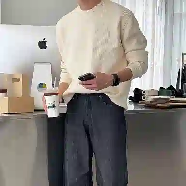 我是大卫 纯色圆领慵懒风简约韩系百搭宽松长袖针织衫 男女同款