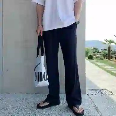 我是大卫 春夏季宽松直筒裤韩版百搭纯色阔腿松紧腰休闲裤 男款 深蓝色