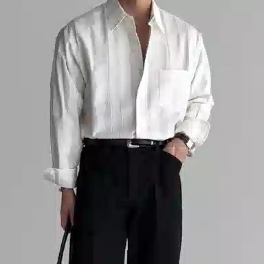 我是大卫 条纹长袖单口袋高级感美式个性百搭宽松休闲衬衣衬衫 男女同款 奶白色