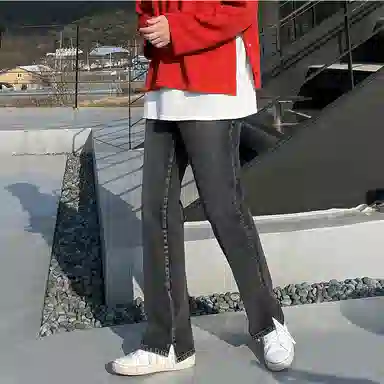 我是大卫 复古深色开叉宽松直筒牛仔裤 男女同款 黑色