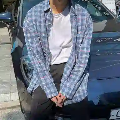 我是大卫 格子高级感痞帅休闲海岛度假风单排扣长袖衬衫 男女同款