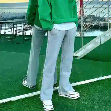 我是大卫 时尚宽松直筒开叉长裤韩版垂感松紧腰抽绳休闲裤 男款 浅灰色