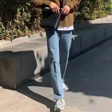 我是大卫 百搭时尚水洗直筒宽松阔腿牛仔裤 男女同款 浅蓝色