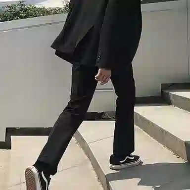 我是大卫 纯色中腰宽松直筒开叉休闲裤 男女同款 黑色