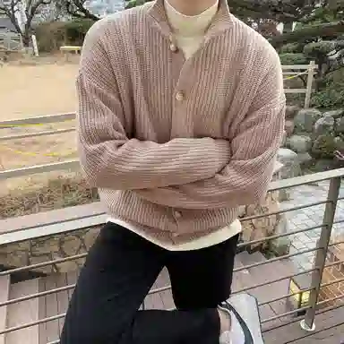 我是大卫 单排扣翻领简约基础韩版纯色百搭针织衫 男女同款