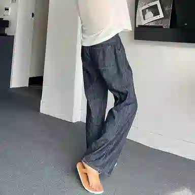 我是大卫 纯色中腰松紧宽松直筒牛仔裤 男女同款 深蓝色