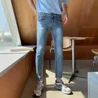 我是大卫 做旧中腰拉链百搭宽松直筒垂感九分牛仔裤 男女同款 浅蓝色