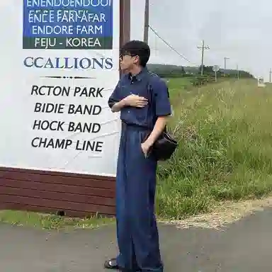 我是大卫 美式复古牛仔短袖上衣重工车线拼接水洗工装长裤衬衫套装 通用 蓝色