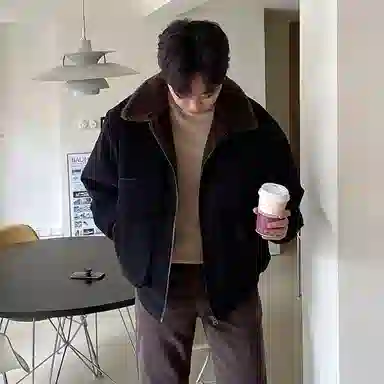 我是大卫 拼色港风复古翻领加绒加厚棉服 男女同款 黑色