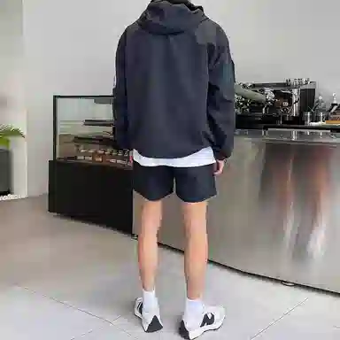 我是大卫 纯色简约半拉链设计连帽套头长袖上衣抽绳直筒短裤休闲运动套装 男女同款