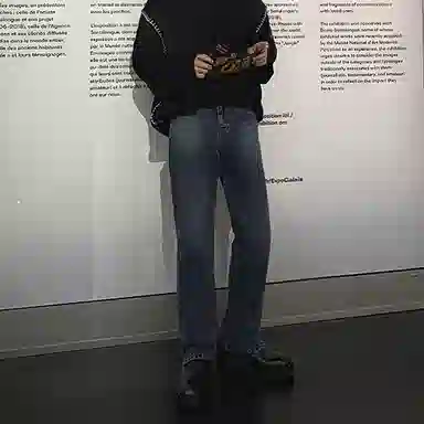 我是大卫 美式复古时尚设计感水洗牛仔裤 男女同款 深蓝色