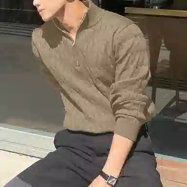 我是大卫 纯色半开拉链设计半高领套头麻花纹长袖针织衫 男女同款 杏色