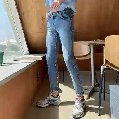 我是大卫 做旧中腰拉链百搭宽松直筒垂感九分牛仔裤 男女同款 浅蓝色