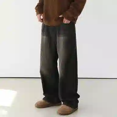 我是大卫 美式复古水洗做旧直裤宽松潮流百搭休闲牛仔裤 男女同款 黑色