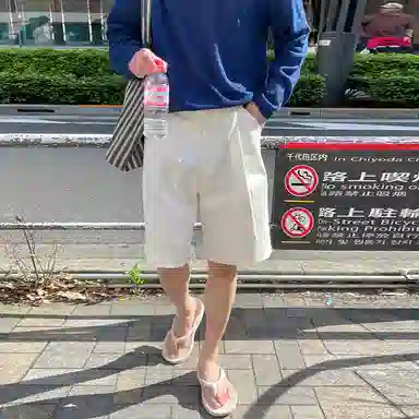 我是大卫 日系简约风潮流百搭五分裤宽松休闲短裤 男款 白色