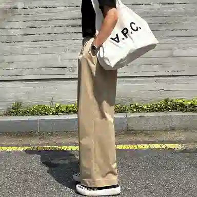 我是大卫 韩版单褶皱直筒百搭设计宽松休闲裤 男女同款 卡其色