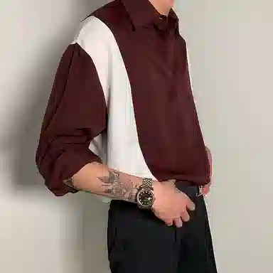 我是大卫 拼色轻薄透气个性宽松长袖衬衫 男女同款