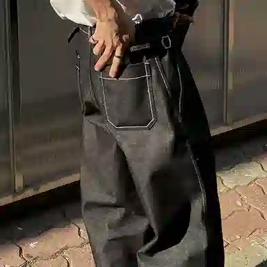 我是大卫 水洗复古做旧休闲宽松直筒阔腿牛仔裤 男女同款 黑色