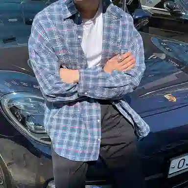 我是大卫 格子高级感痞帅休闲海岛度假风单排扣长袖衬衫 男女同款