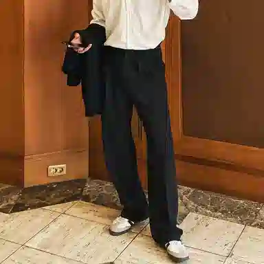 我是大卫 韩系宽松直筒双褶皱中腰商务百搭垂坠高级感休闲裤 男女同款