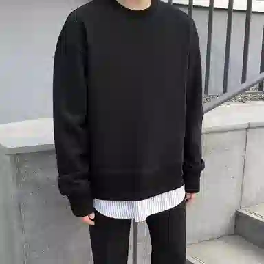 我是大卫 韩版时尚潮流圆领长袖宽松假两件套头卫衣 男女同款 黑色