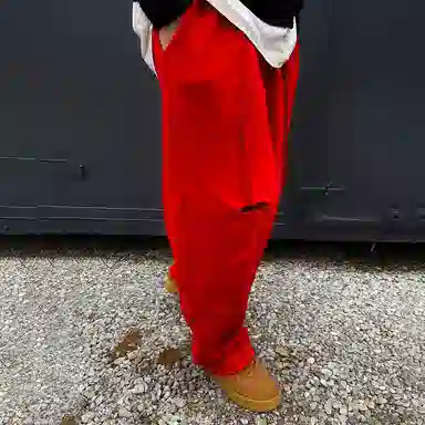 我是大卫 纯色宽松韩版破洞百搭痞帅垂感高街直筒休闲裤 男款 红色