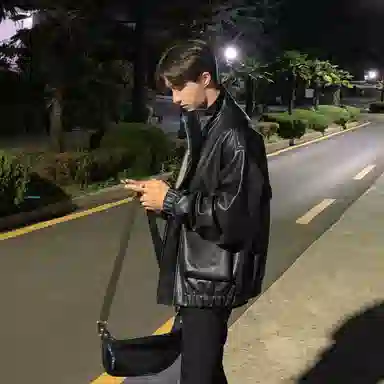 我是大卫 复古拉链立领亮面机车赛车元素宽松夹克外套 男女同款