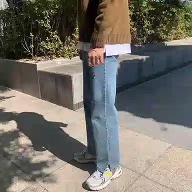 我是大卫 百搭时尚水洗直筒宽松阔腿牛仔裤 男女同款 浅蓝色