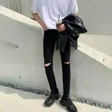 我是大卫 修身纯色中腰九分牛仔裤 男女同款 黑色