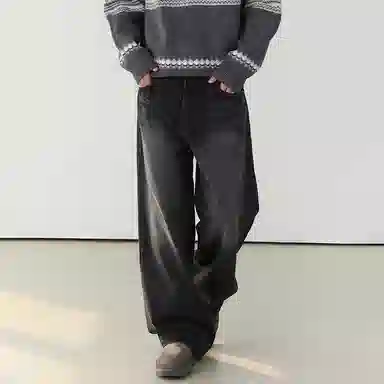 我是大卫 美式高街小众设计水洗做旧直筒宽松休闲阔腿拉链牛仔裤 男女同款 黑色