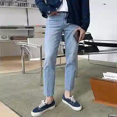 我是大卫 水洗修身直筒九分牛仔裤 男女同款 浅蓝色