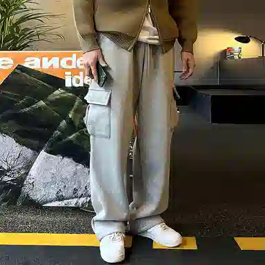 我是大卫 街头慵懒风侧口袋设计宽松阔腿抽绳工装直筒休闲裤 男款 灰色